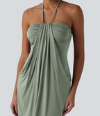 Robe resort mini dos nu à col licou avec lien noué dans le dos et poches