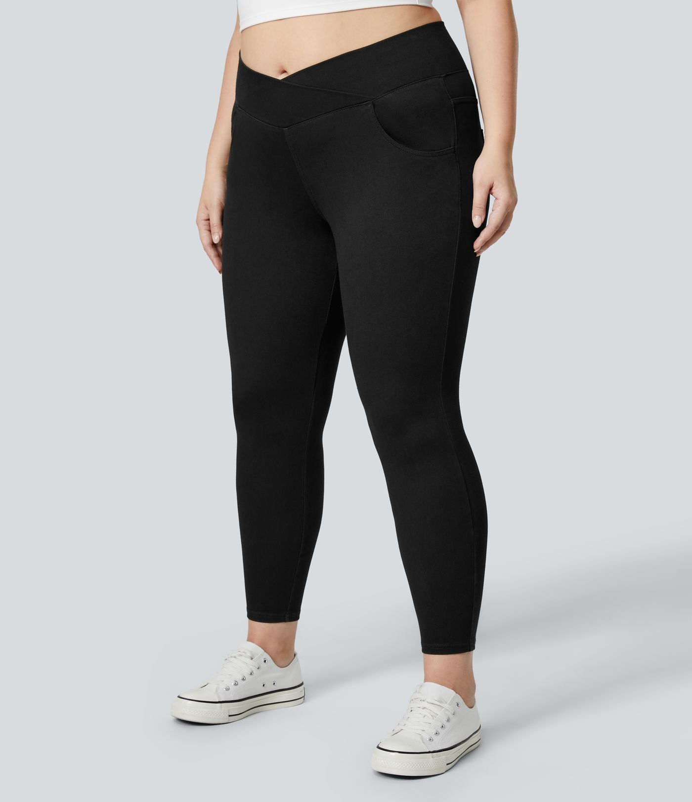 Halara Flex™ Legging Travail  7/8 Taille Croisée en Denim Tricot Extensible Taille Haute Poches Multiples Grande Taille