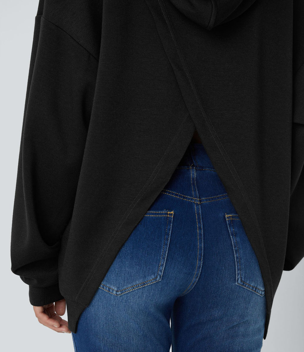 Sweat-shirt décontracté à capuche avec cordon de serrage, manches longues, poche kangourou, coupe croisée et fente
