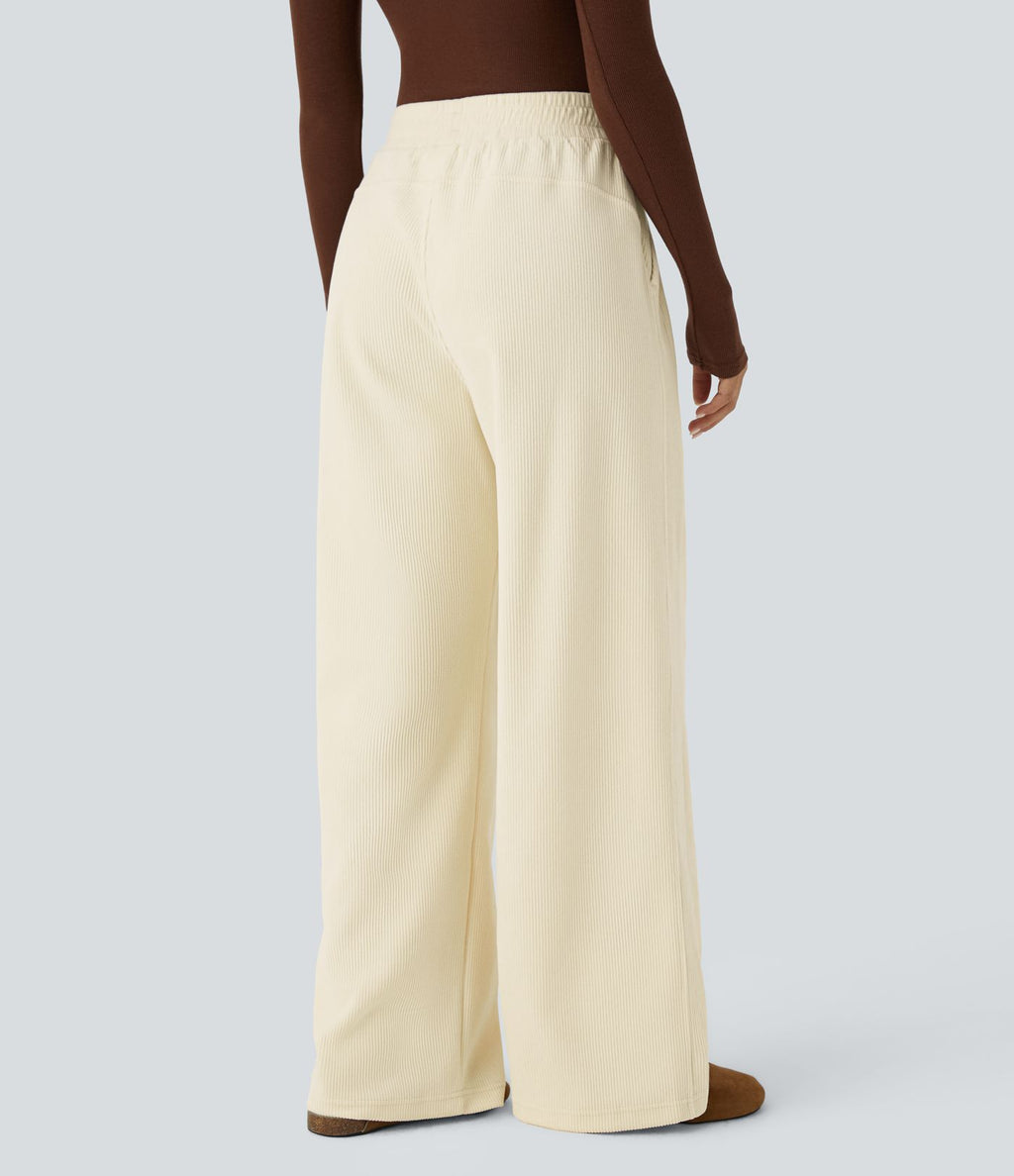 Pantalon velours côtelé de jogging décontracté à taille haute avec poches latérales