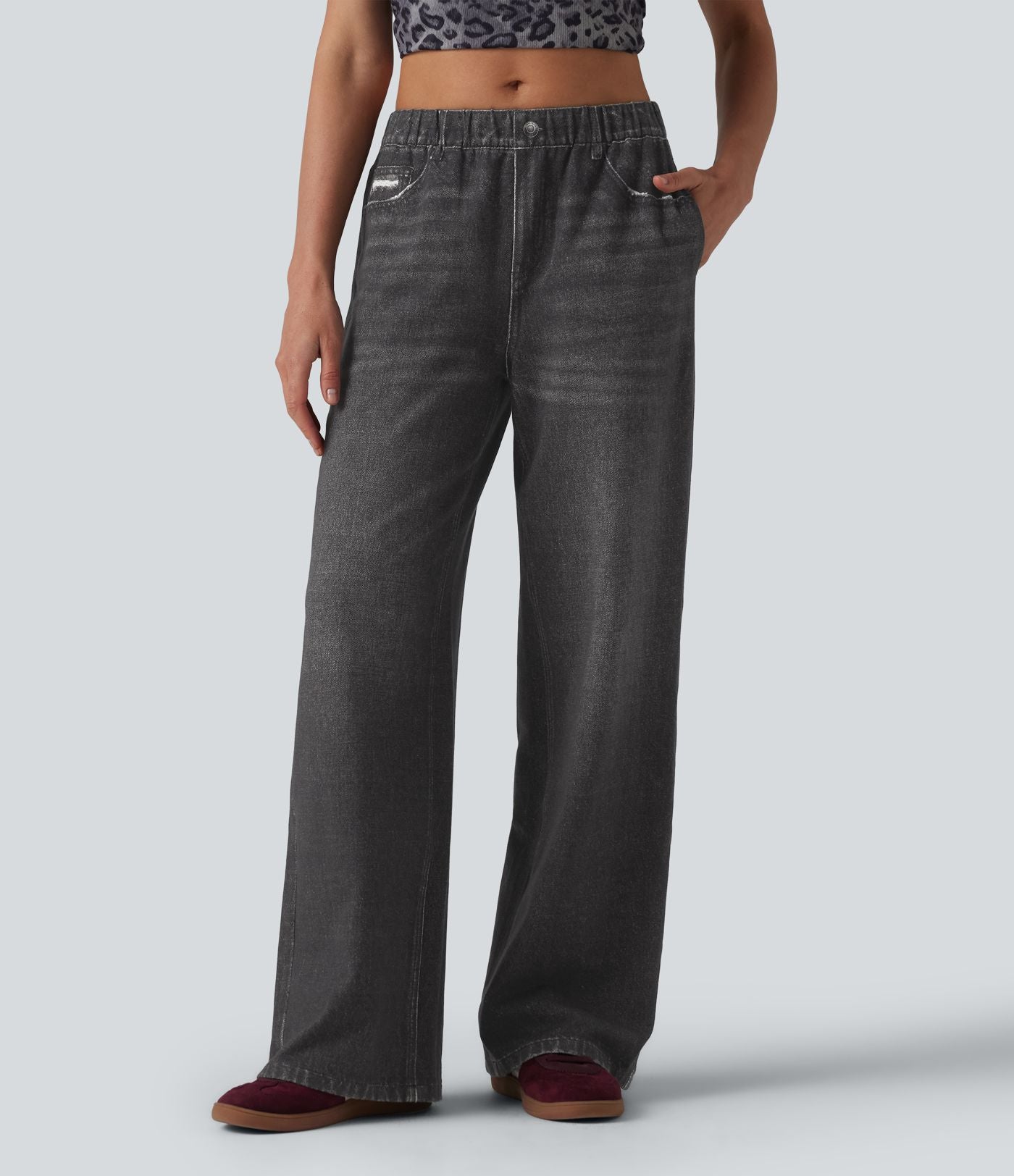 Jogging jean décontracté en molleton French Terry imprimé denim taille mi-haute avec poches
