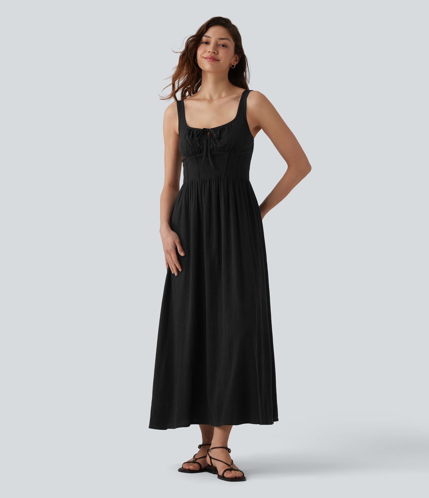 Robe mi-longue casual aspect lin col U avec nœud devant corset