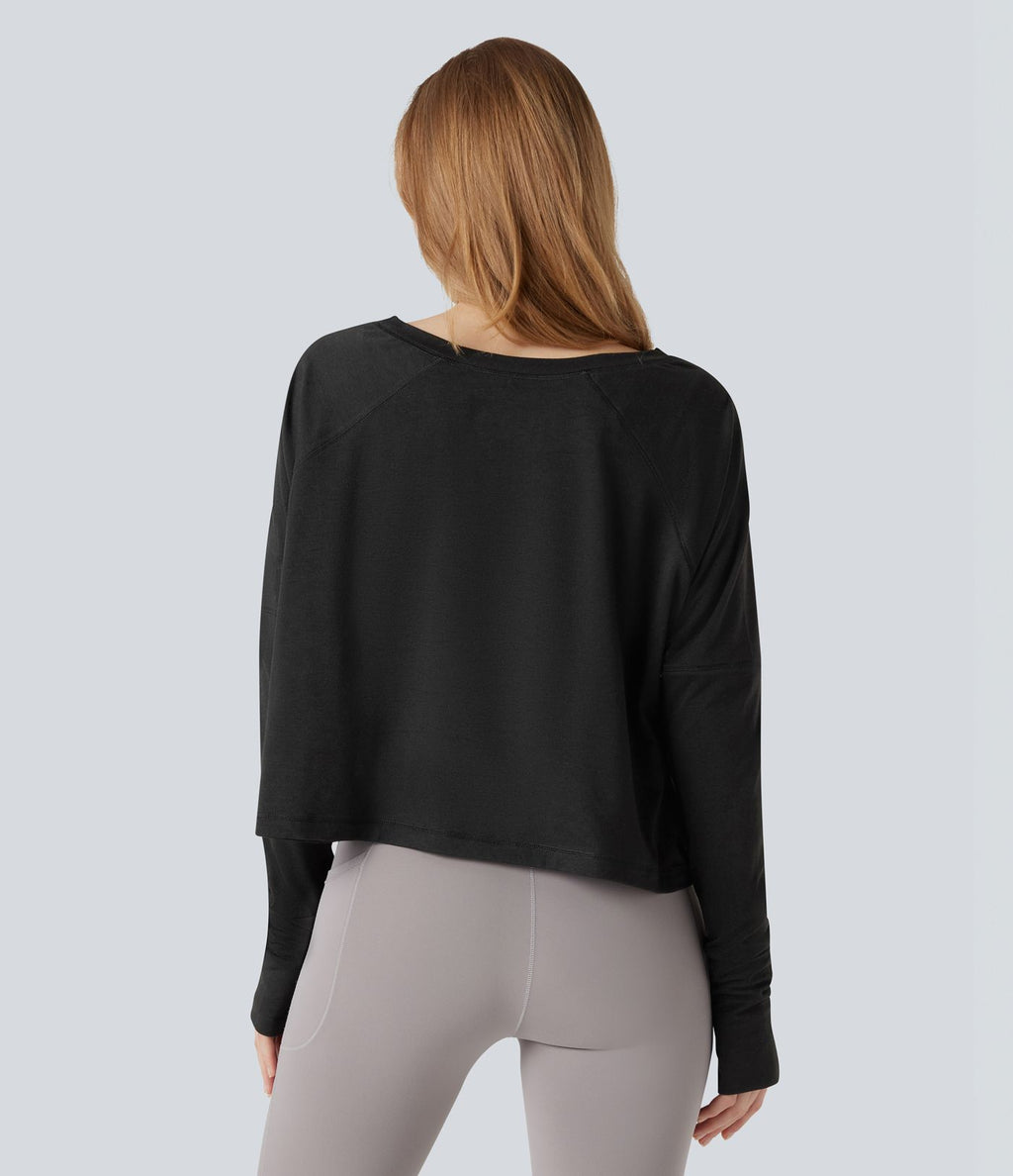 Top de sport running asymétrique col rond coupe décontractée manches longues avec trous pouces