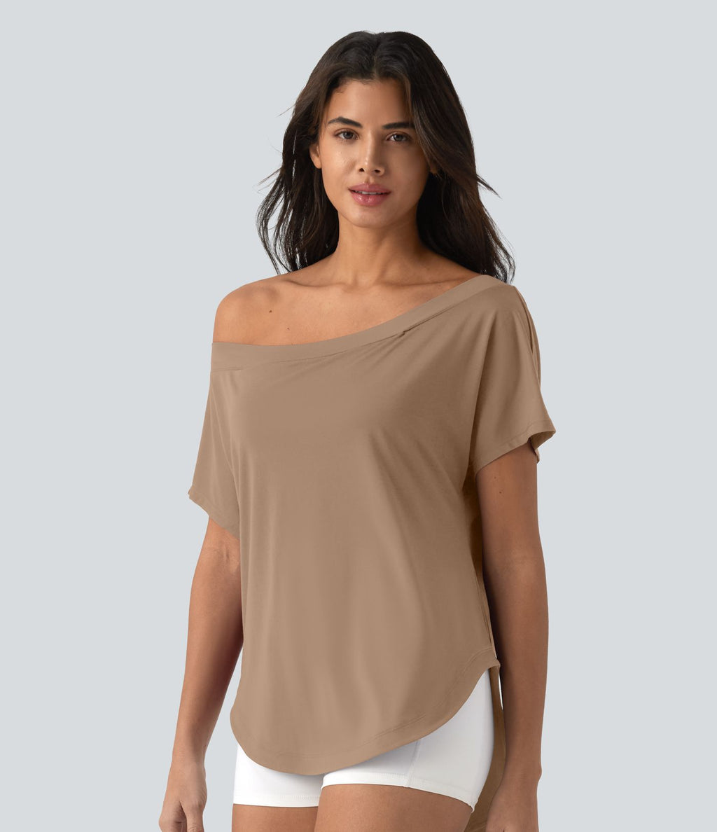 Top de sport yoga asymétrique à épaule dénudée manches courtes ourlet arrondi et coupe asymétrique à séchage rapide – Soutien-gorge intégré