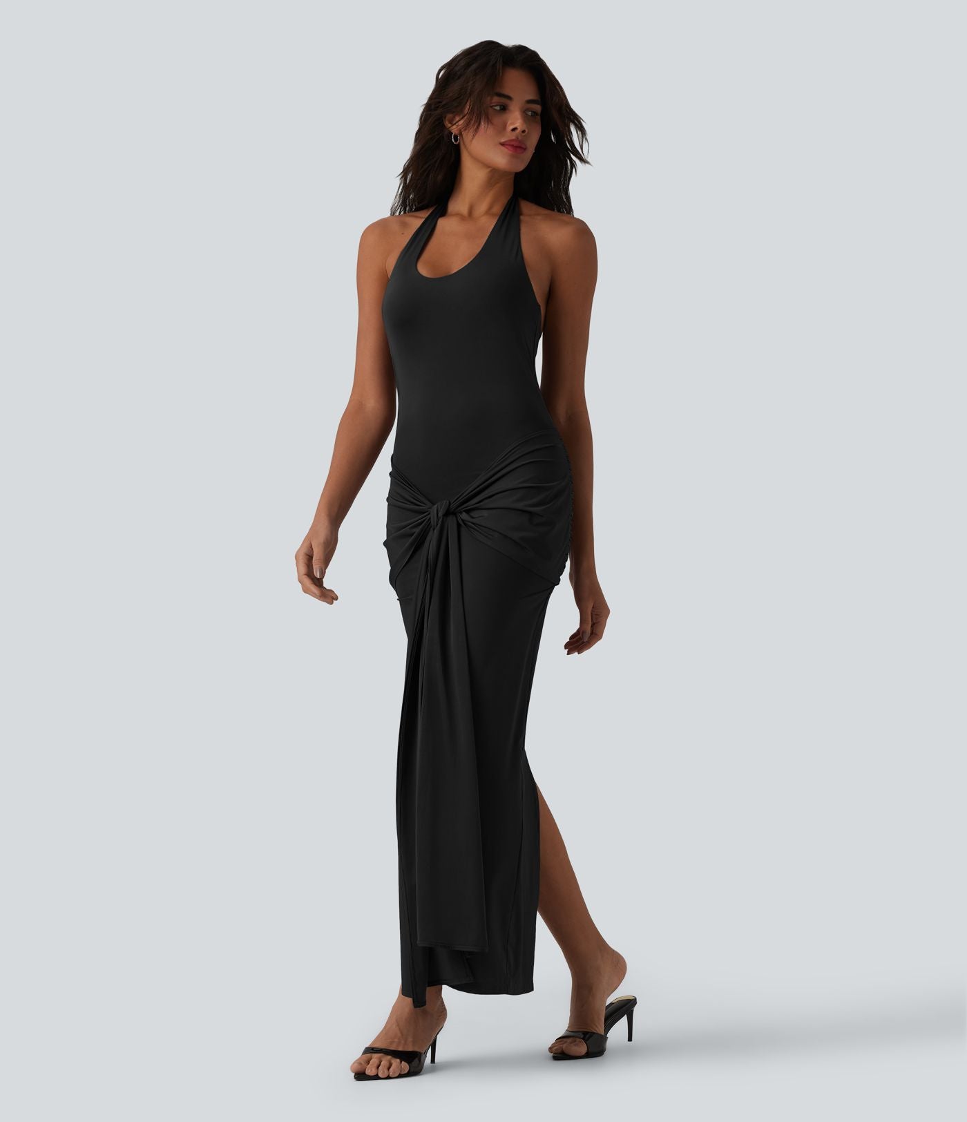 Robe maxi moulante col licou froncée effet frais InstantCool à nouer devant
