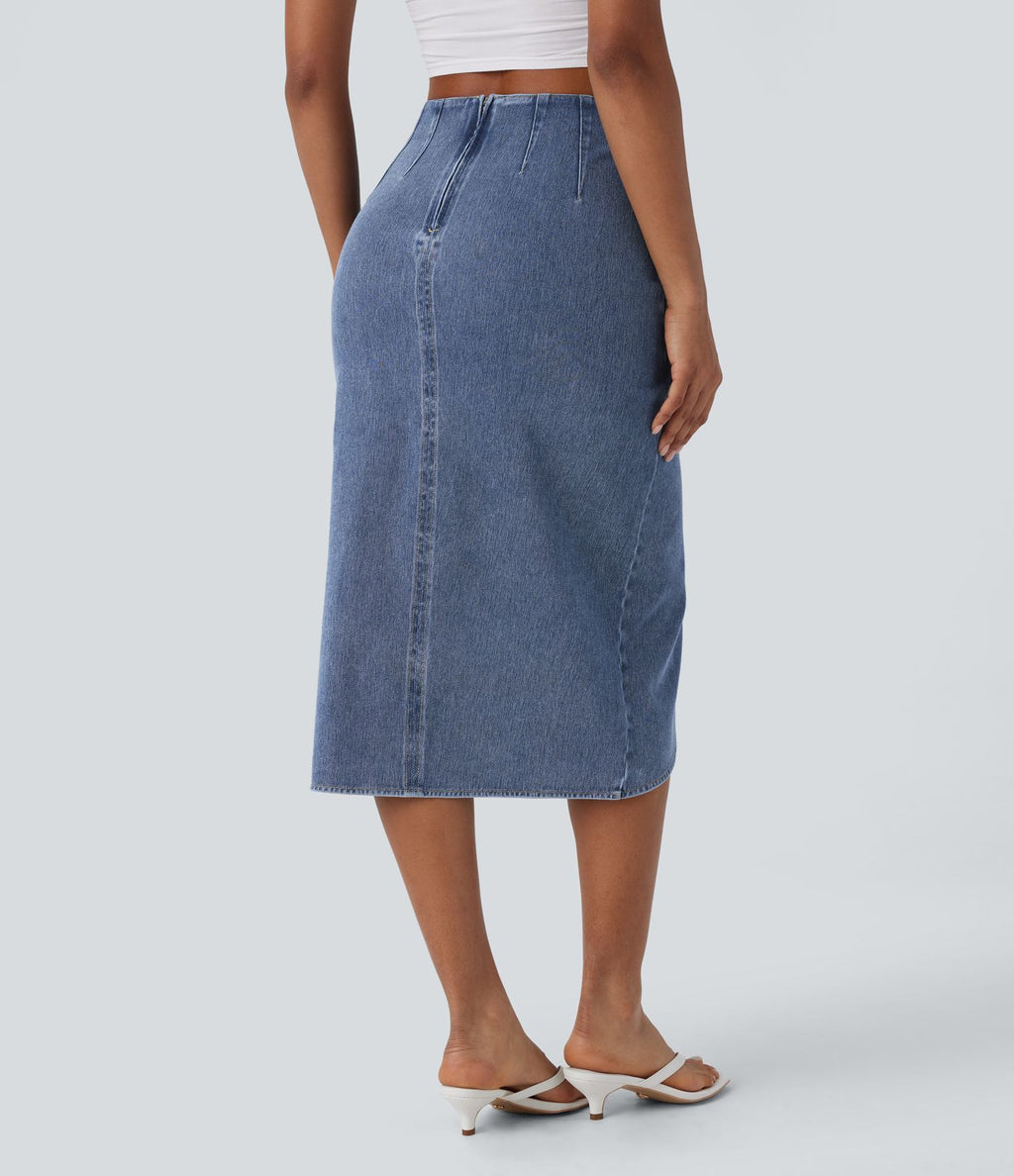 Halara Flex™ Jupe en Jean midi délavé taille haute avec zip dos, effet drapé et ourlet tulipe