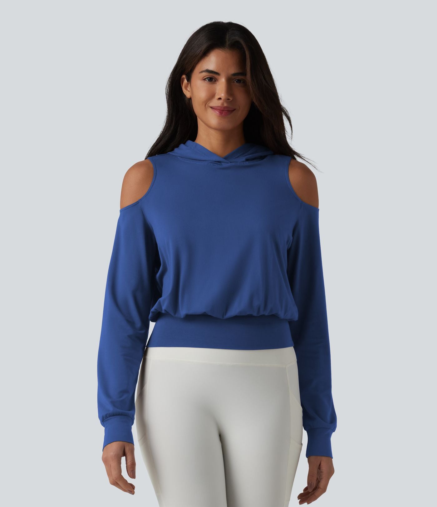 Sweat-shirt de sport à capuche épaules dénudées manches longues