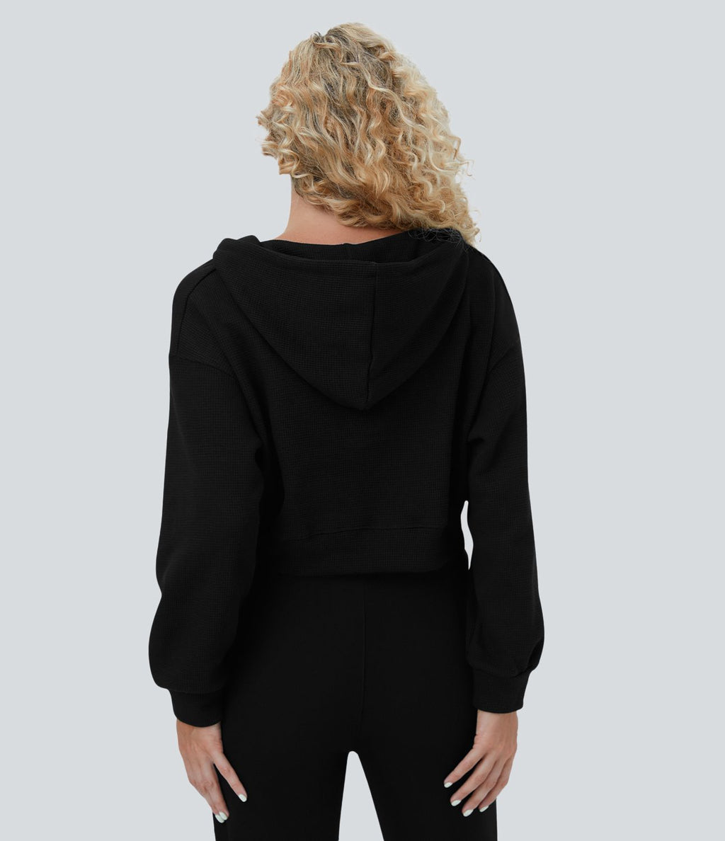 Sweatshirt en Coton Casual à Manches Longues avec Cordon de Serrage et Zipper Style Waffle