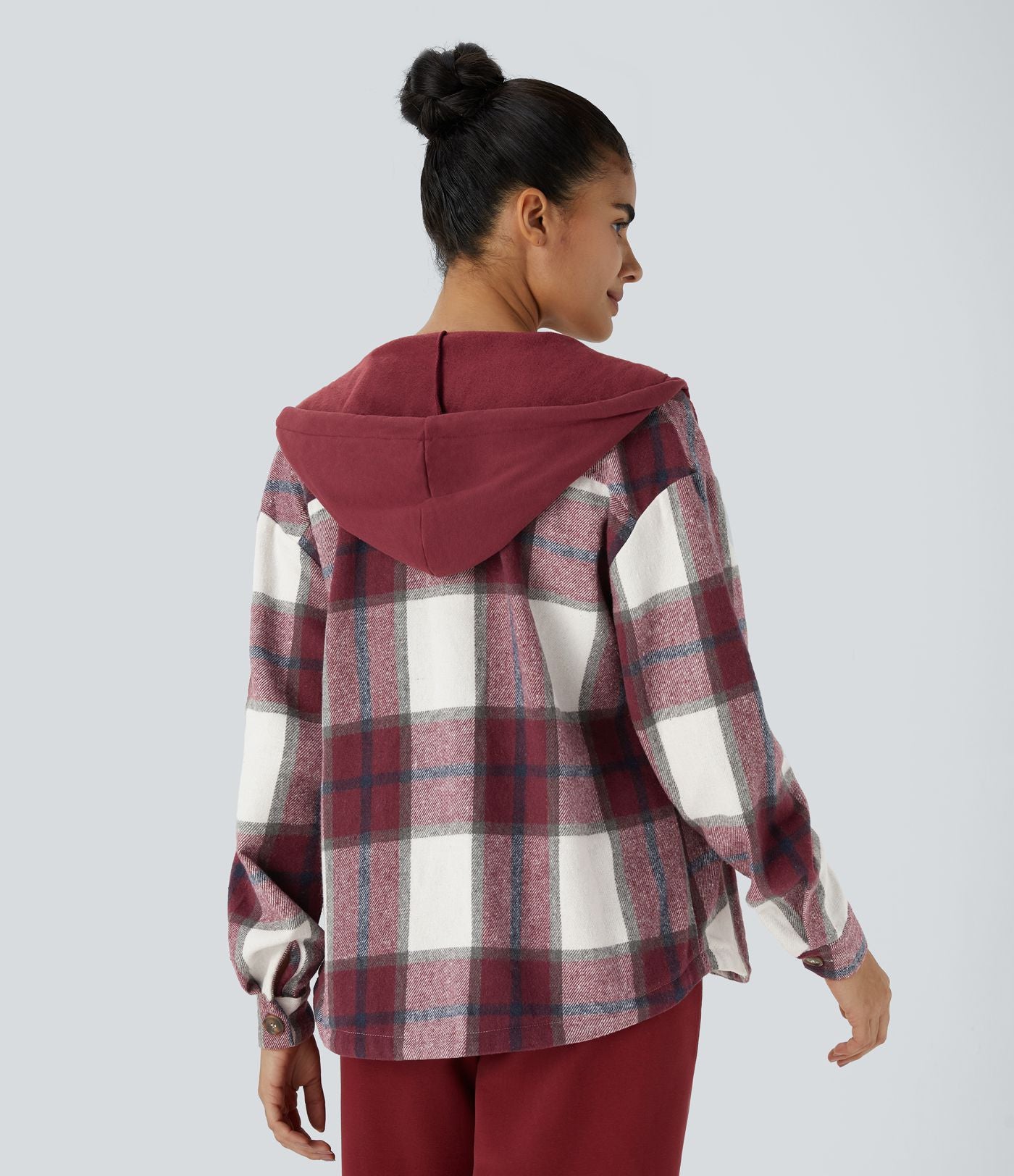 Veste de Casual à Carreaux en Polaire à Capuche avec Cordon de Serrage Boutons et Poches Latérales