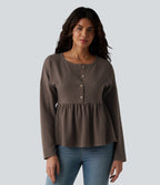 Haut casual babydoll Henley manches longues en tissu gaufré