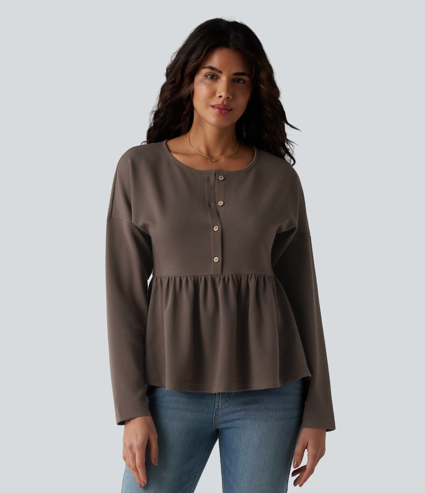 Haut casual babydoll Henley manches longues en tissu gaufré