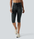 Legging 3/4 de yoga taille haute à rayures avec cordon de serrage et poches