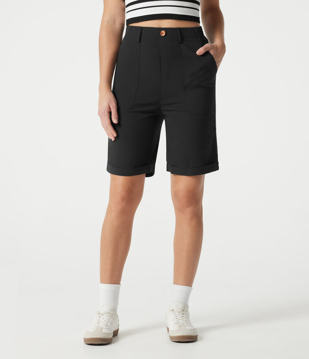 Bermuda casual taille haute en lin stretch avec ourlets retroussés et poches