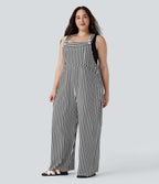 Salopette de séjour grande taille tissu gaufré rayée à bretelles ajustables avec boutons et multiples poches