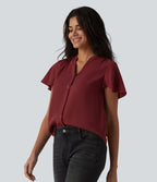 Blouse casual col V à manches volantées et ourlet arrondi
