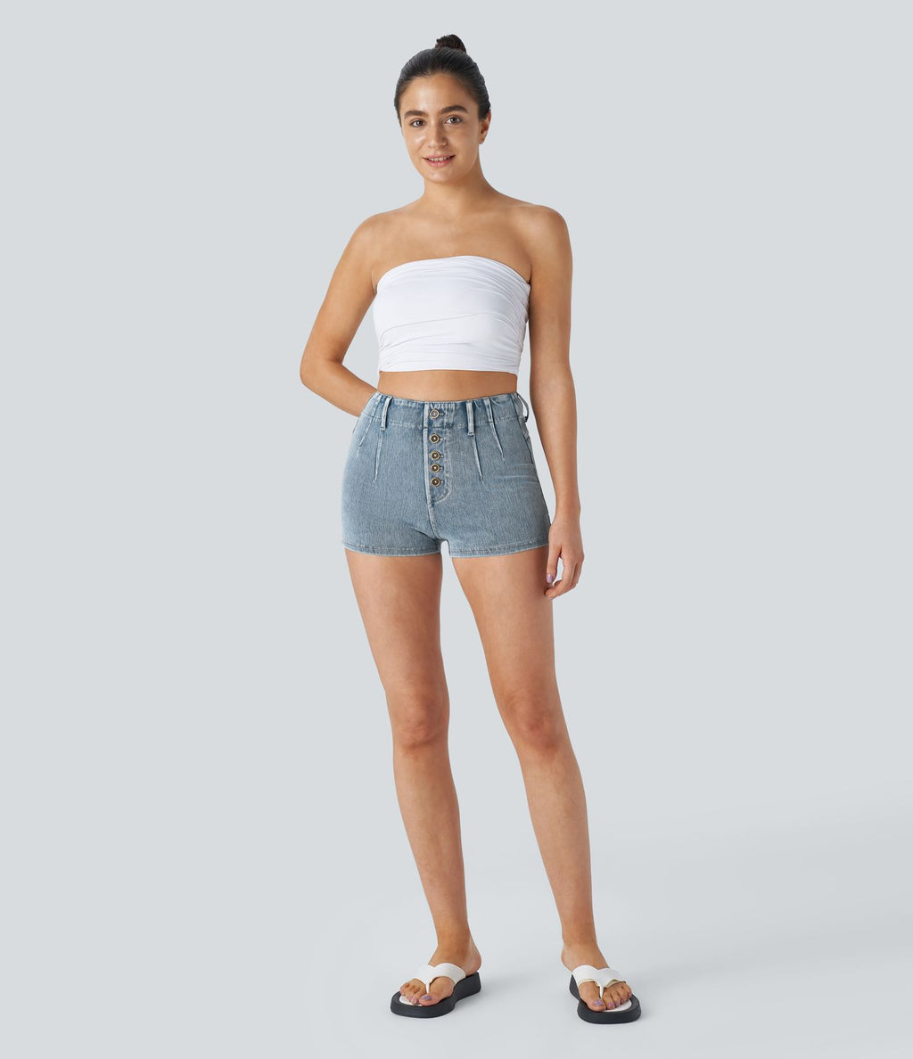 Halara Flex™ Short 5cmCasual Taille Haute en Denim Tricoté Stretch avec Boutons Décoratifs et Poches Arrière
