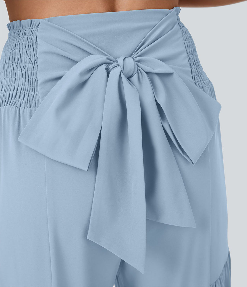 Breezeful™ Pantalon Large Casual Taille Haute Froncé à Nouer Devant et Dos Fluide Séchage Rapide