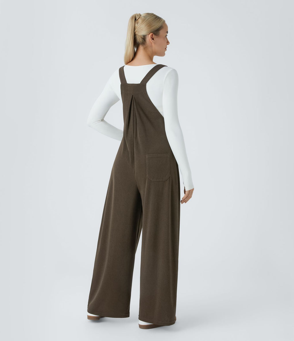 Salopette Casual à Bretelles Ajustables en Tricot Côtelé avec Multiples Poches Plissée