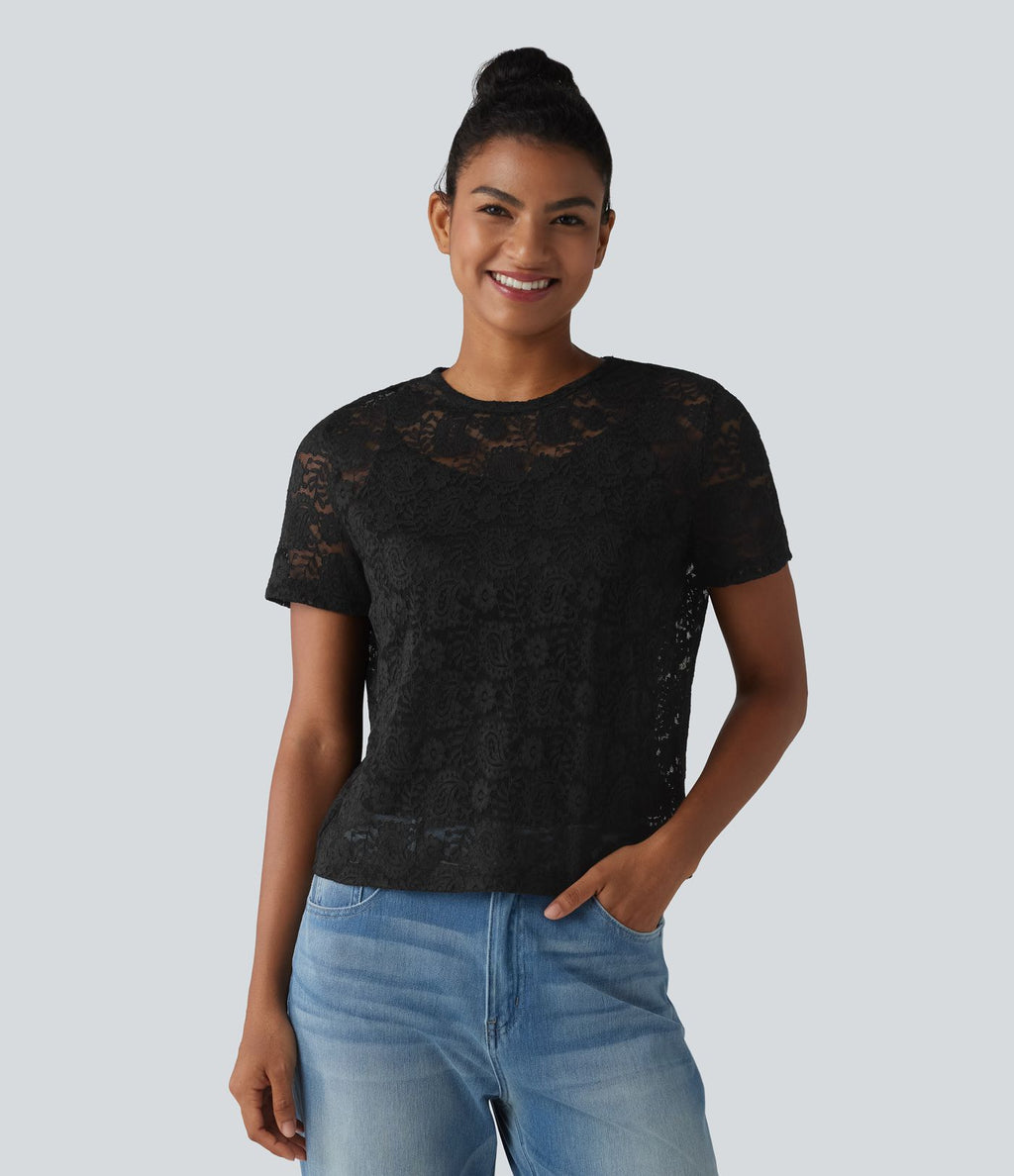 T-shirt casual 2-en-1 en dentelle col rond à manches courtes