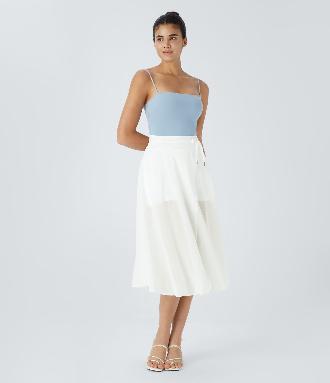 Jupe Casual Évasée Mesh Mi-Longue Fuide 2 en 1 Contrastée Taille Haute Cordon Poche Latérale
