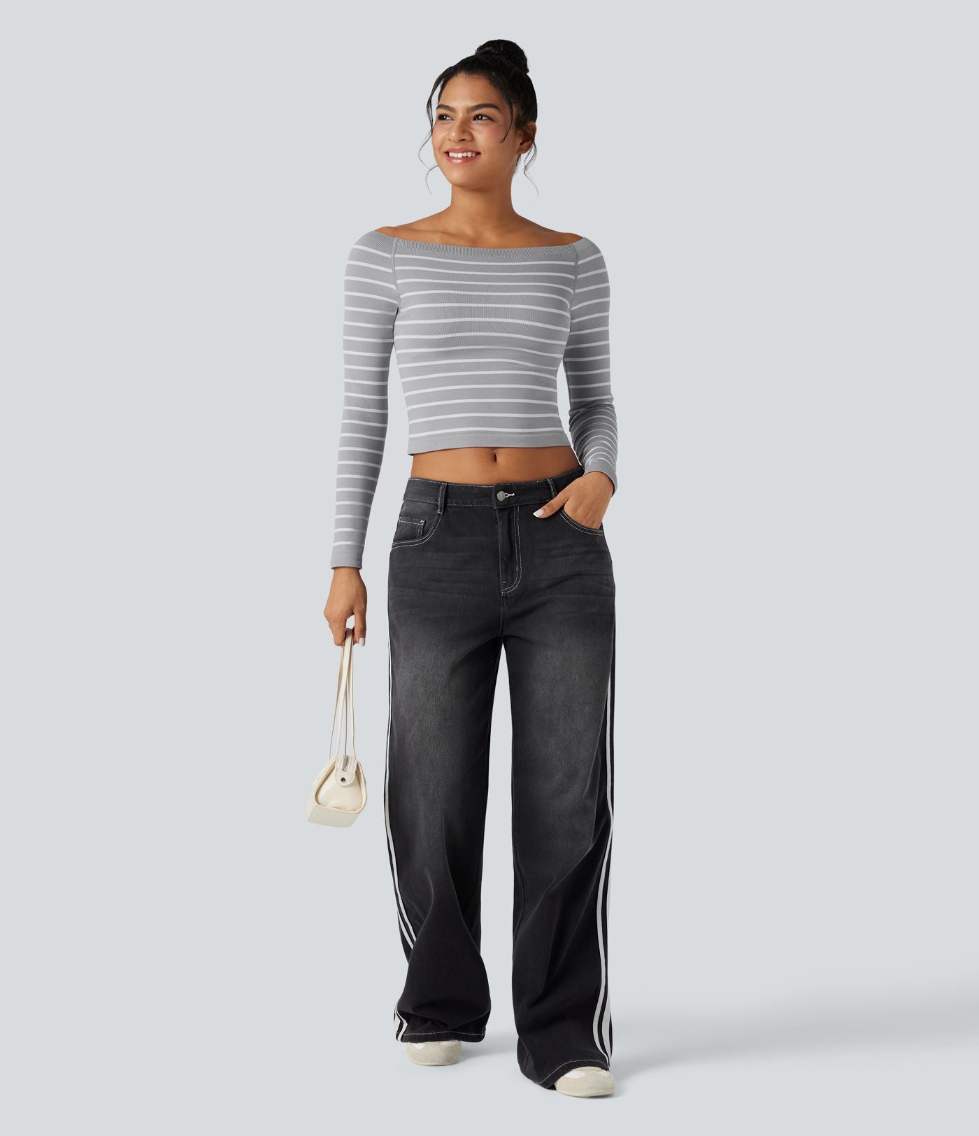 Haut de sport épaules dénudées manches raglan longues à rayures sans couture OneForm Seamless Flow