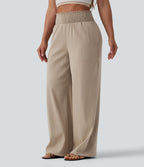 Pantalon large décontracté froncé taille haute aspect lin avec poches