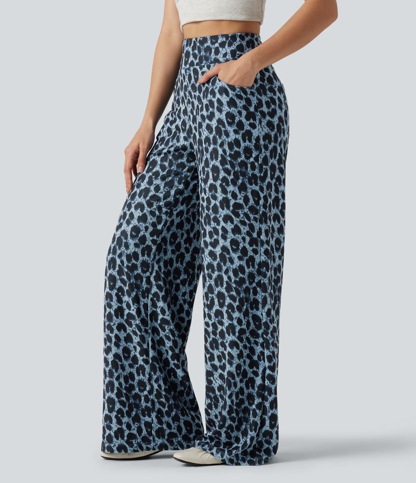 Pantalon large décontracté taille haute gaufré imprimé léopard avec poches