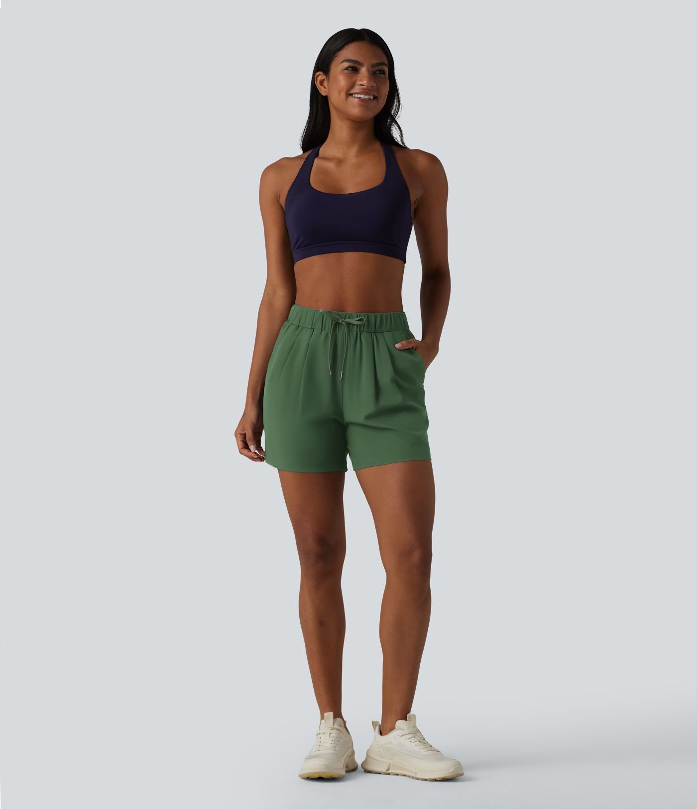 Short de yoga plissé taille haute élastique 12,5 cm avec cordon de serrage et poches