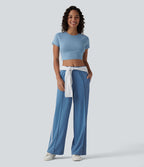 Pantalon décontracté mi-taille coupe droite à séchage rapide à rayures color block avec poches - UPF40+