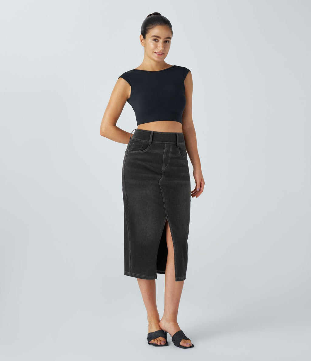 Halara Flex™ Jupe en Jean Casual Mi-Longue Délavé Extensible Plusieurs Poches Taille Haute