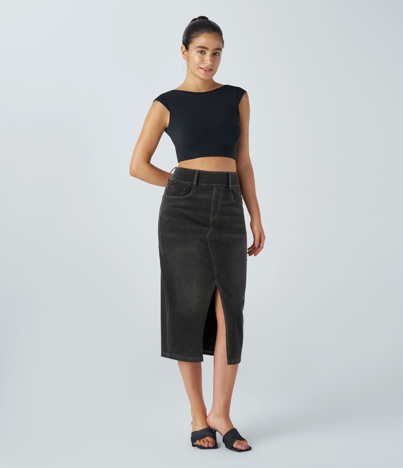 Halara Flex™ Jupe en Jean Casual Mi-Longue Délavé Extensible Plusieurs Poches Taille Haute