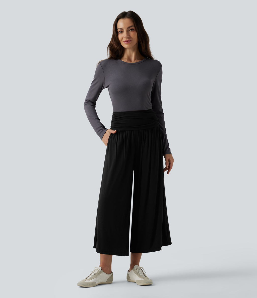 Pantalon casual 7/8 large taille haute à fronces avec poches