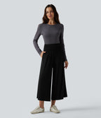 Pantalon casual 7/8 large taille haute à fronces avec poches