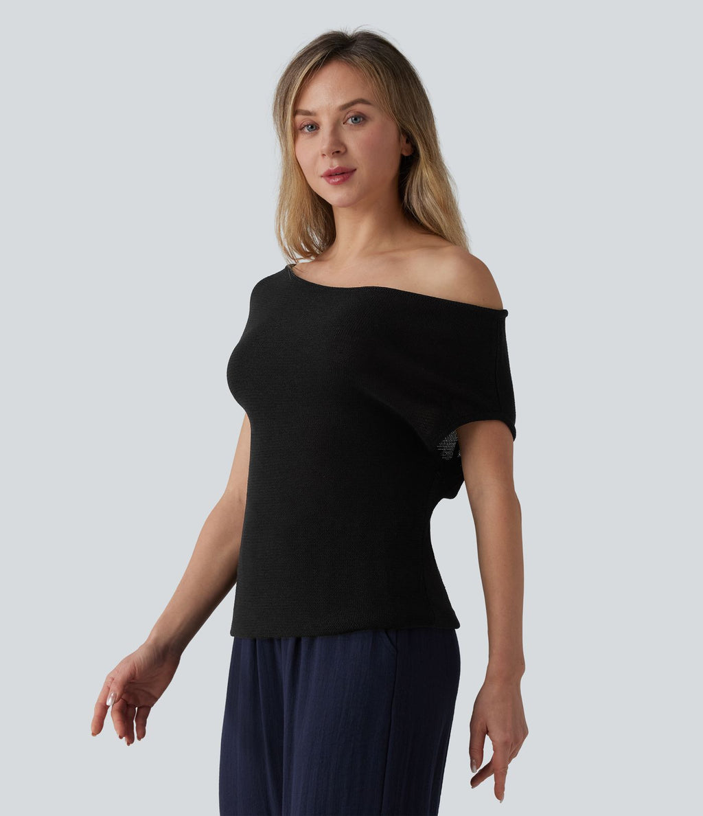 Pull décontracté épaules dénudées manches courtes