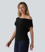 Pull décontracté épaules dénudées manches courtes