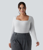 Body grande taille maille côtelée col carré manches longues ajusté