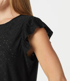 Top casual col rond à manches à volants en broderie anglaise