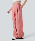 Pantalon large fluide effet lin taille moyenne avec poches