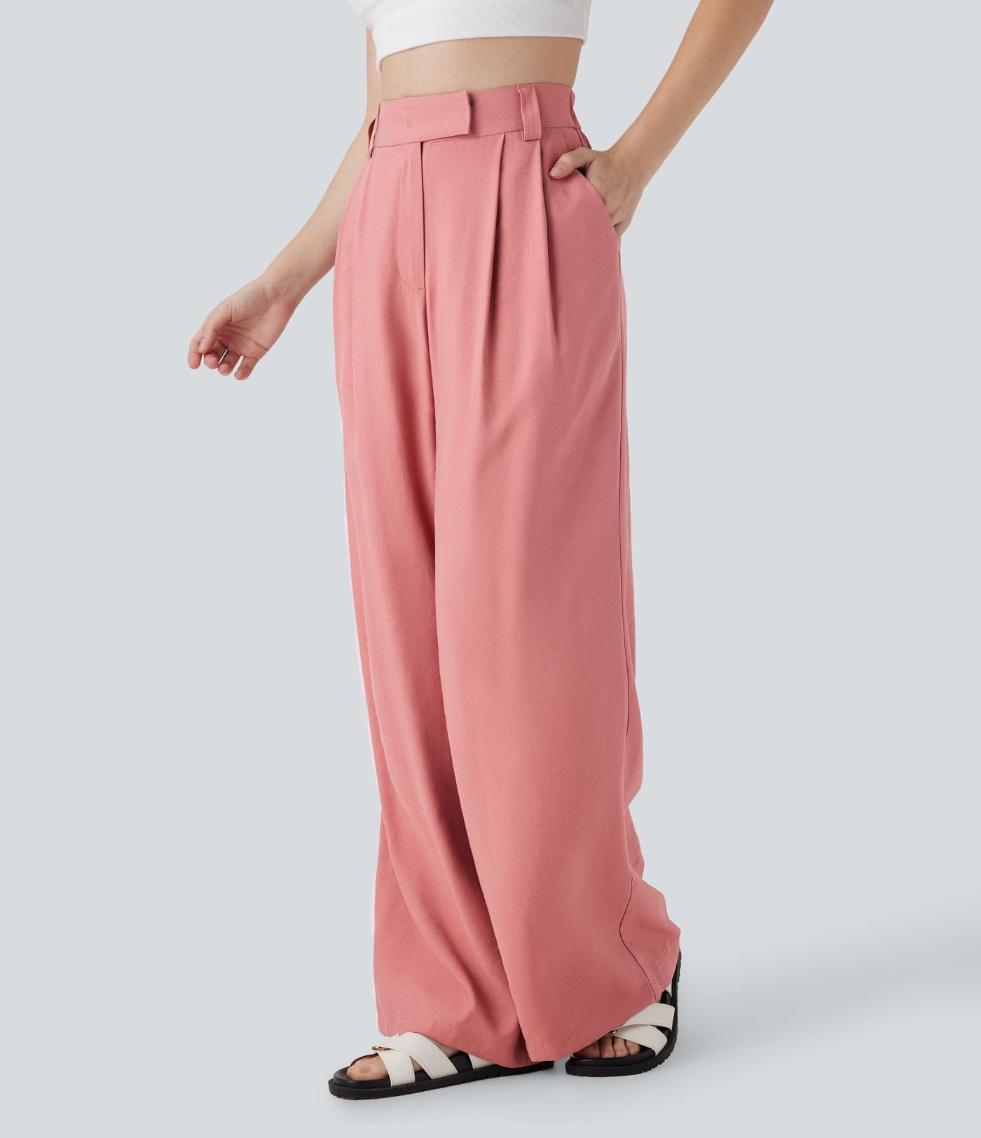 Pantalon large fluide effet lin taille moyenne avec poches