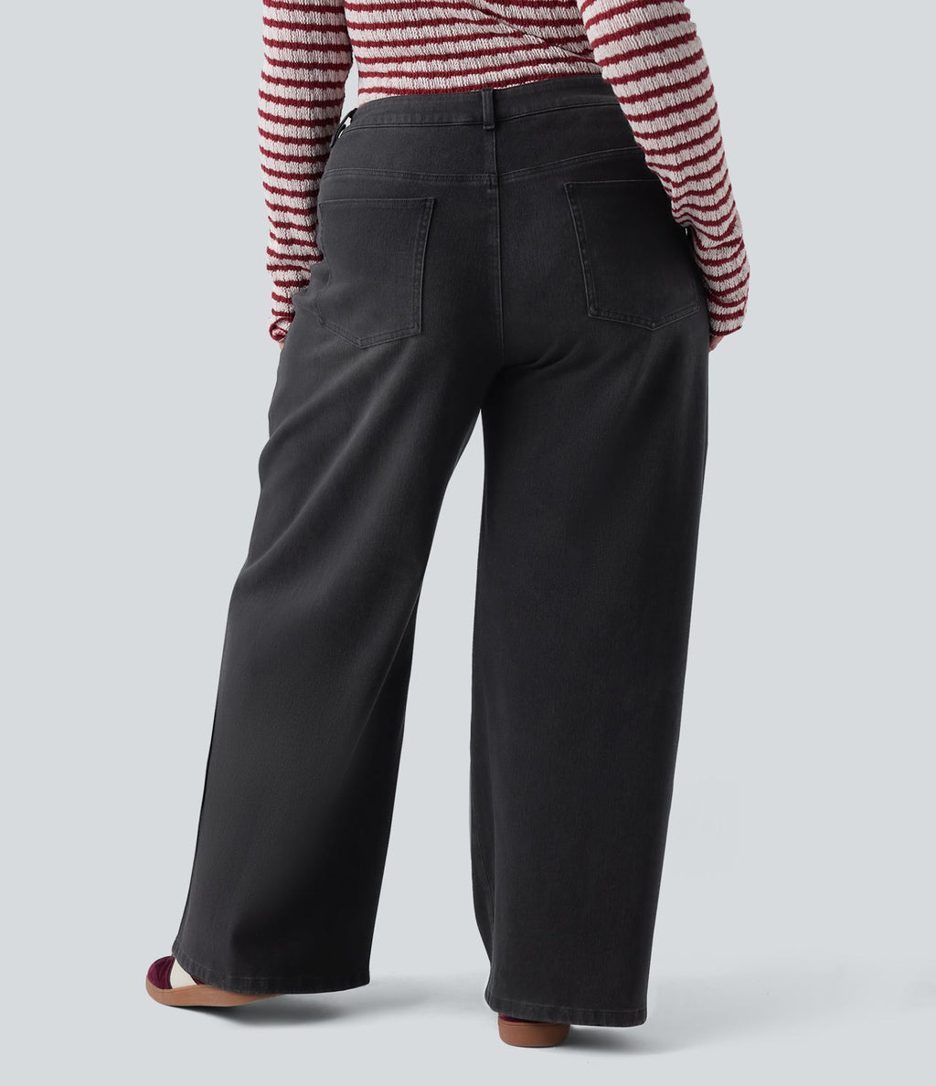 Jean décontracté grande taille Halara Flex™ asymétrique taille basse jambes larges effet délavé avec poches