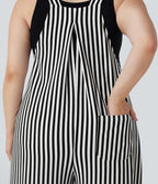 Salopette de séjour grande taille tissu gaufré rayée à bretelles ajustables avec boutons et multiples poches