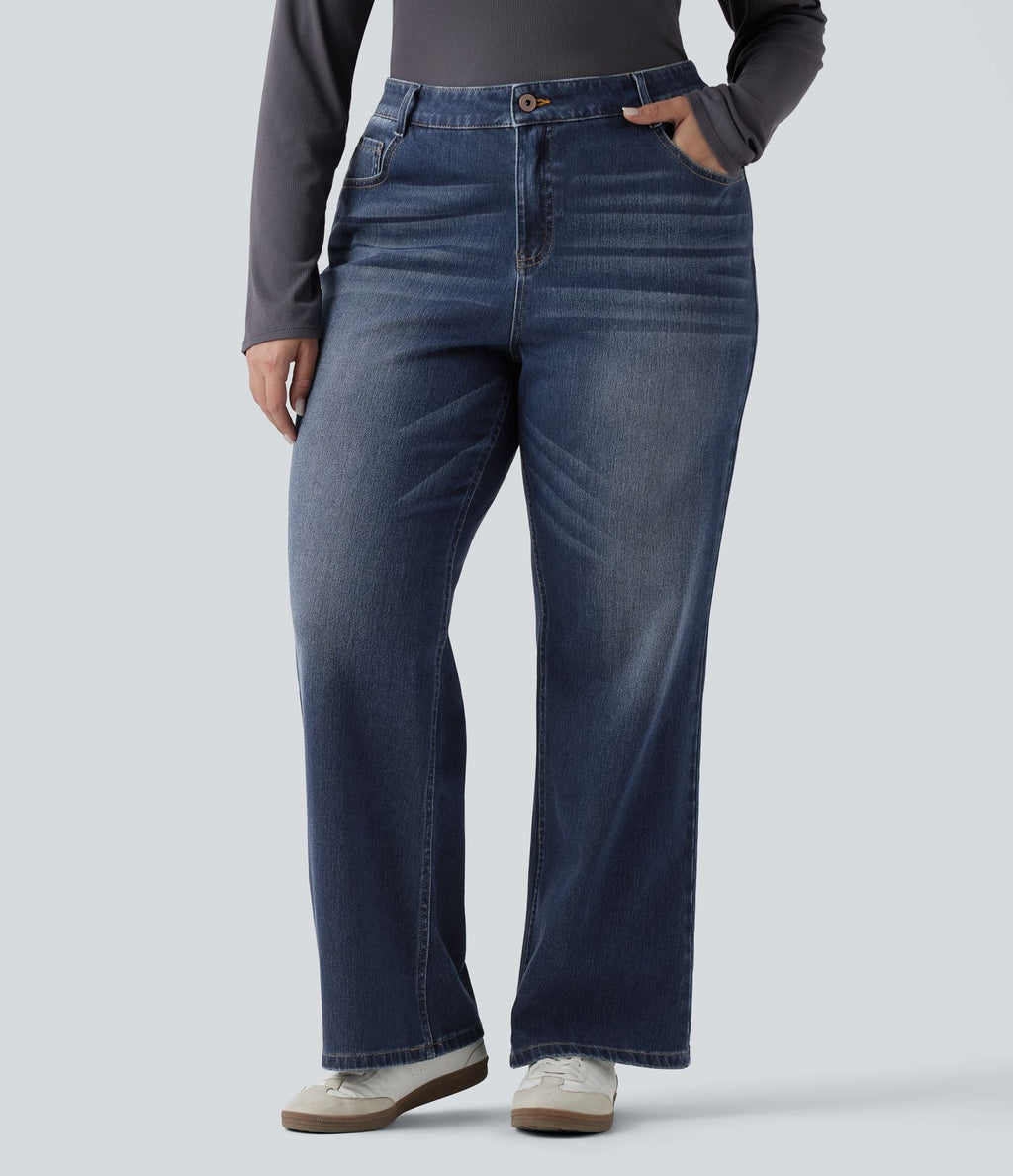 Jean bootcut décontracté Halara Flex™ délavé taille basse grande taille avec poches