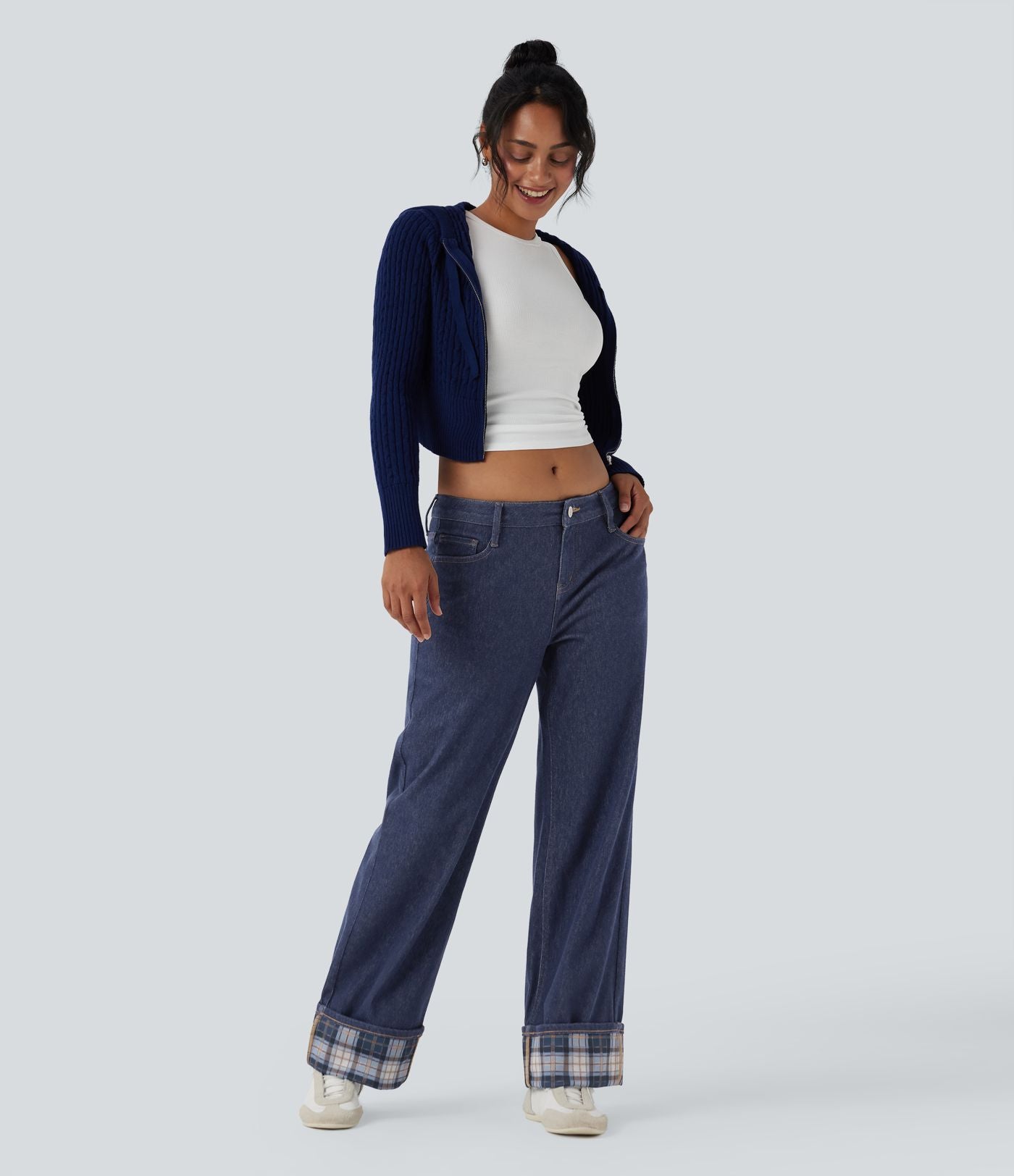 Jean large Halara Flex™ taille basse à carreaux contrastants ourlet roulé avec poches