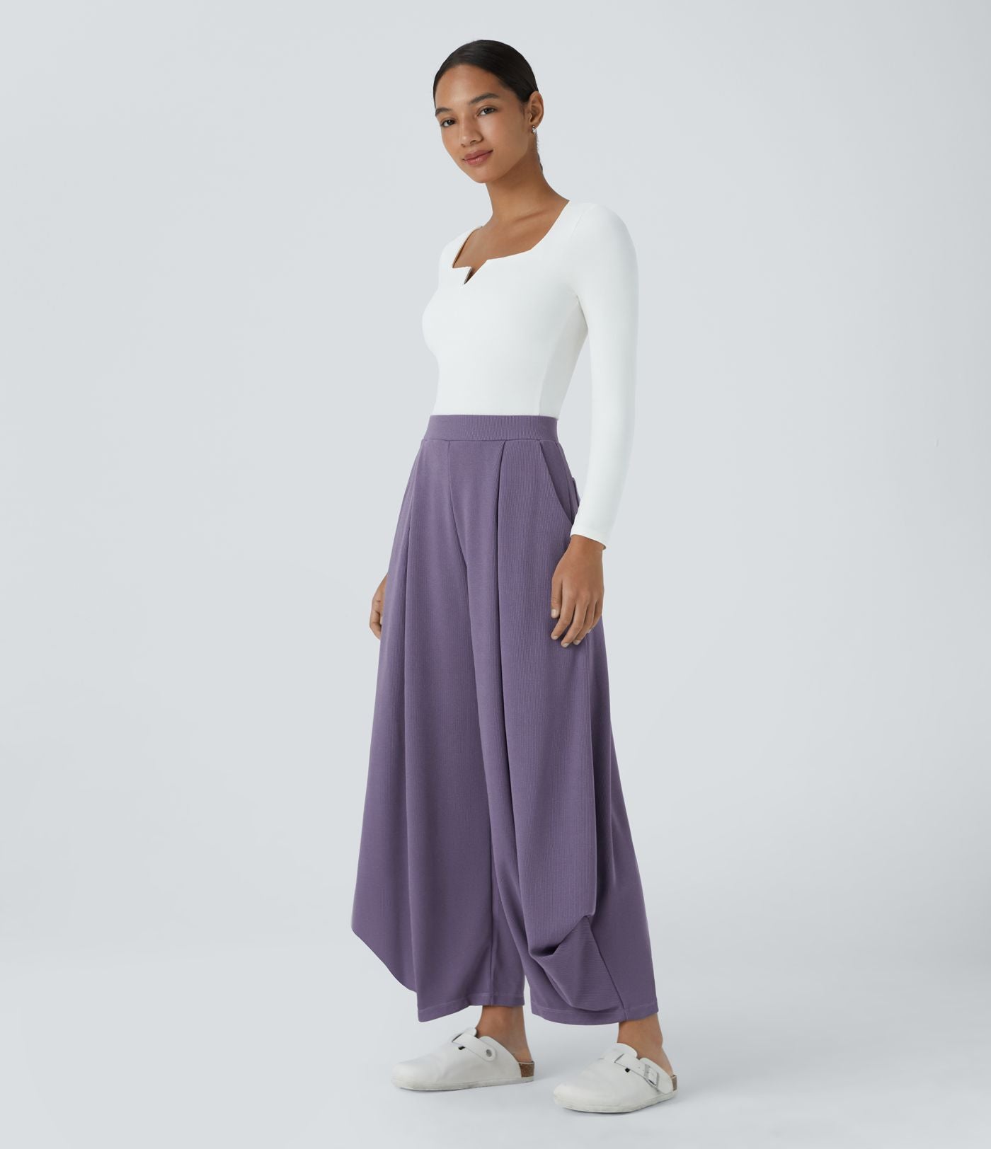 Pantalon décontracté harem uni côtelé, taille haute, avec poches