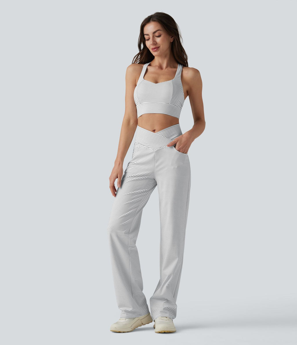 Pantalon de yoga droit taille haute croisée ventre plat à rayures avec poches