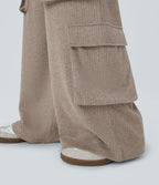 Pantalon cargo décontracté large à cordon côtelé, taille mi-haute, avec poches