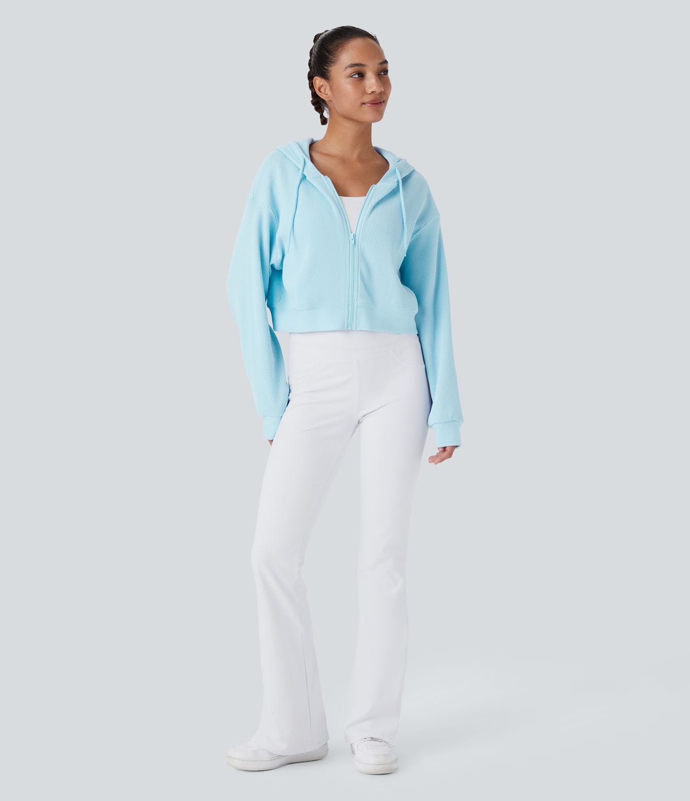 Sweatshirt en Coton Casual à Manches Longues avec Cordon de Serrage et Zipper Style Waffle