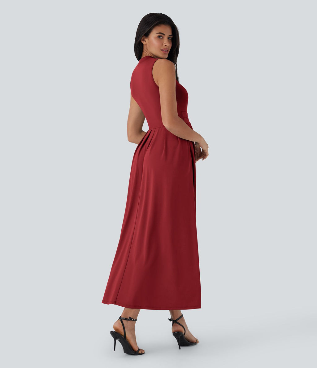 Robe longue décontractée sans manches à col montant, coupe évasée et poches latérales