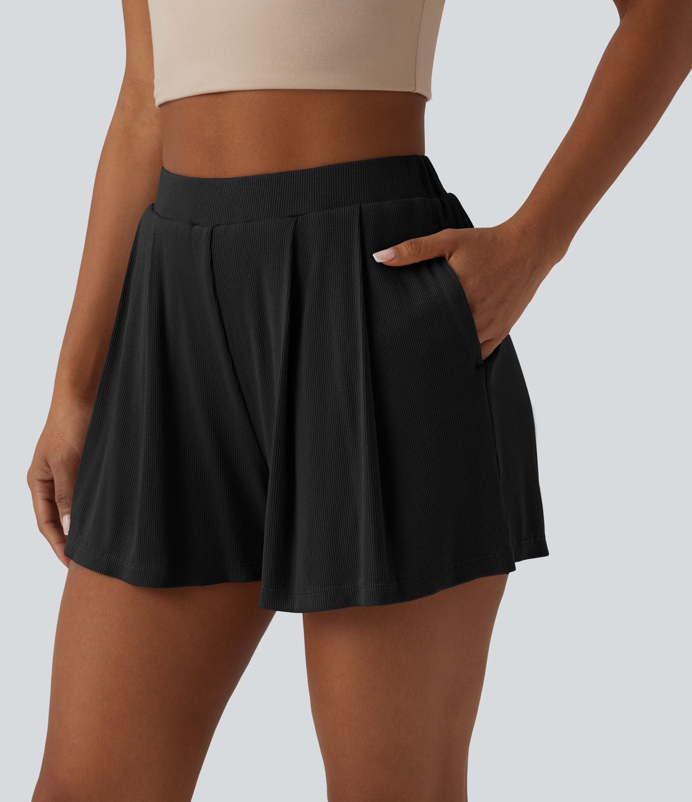Short tailleur casual 2-en-1 côtelé maille taille haute avec poches