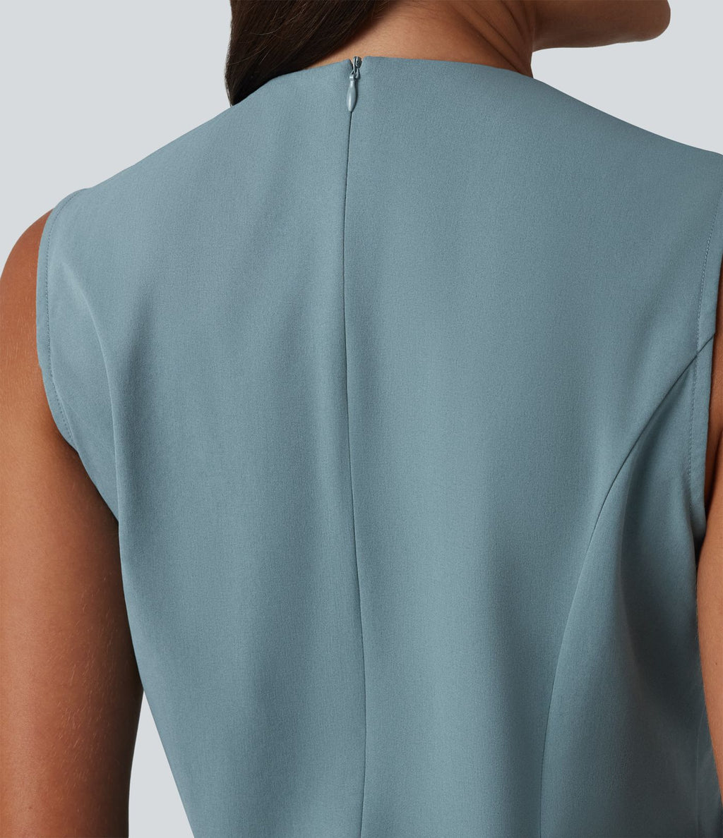 Robe de bureau mini en popeline stretch plissée col V sans manches avec fermeture éclair invisible et poches